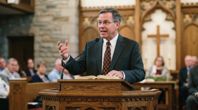 Pastor preaching from a wooden pulpit in a church