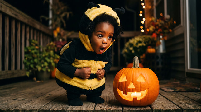 Cute Child Bee Halloween Costume with Jack O Lantern