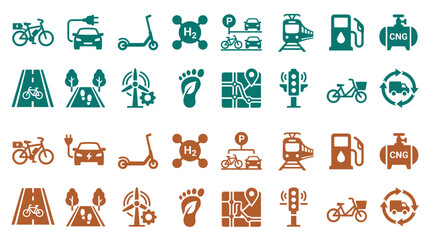 Obraz premium Sustainable transport icons featuring green and brown flat designs for eco friendly urban mobility and green infrastructure.