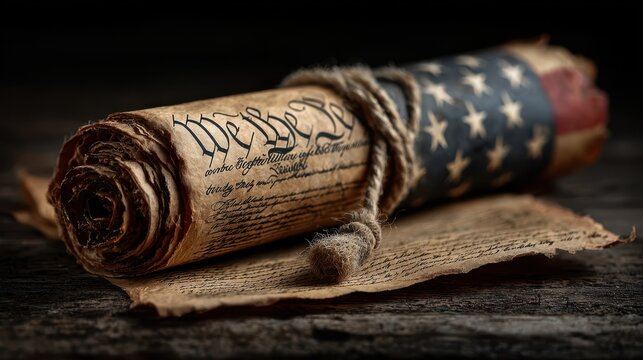 An aged scroll of the Constitution with an American flag motif creates a sense of historical significance and patriotism, embodying ideals of freedom and democracy