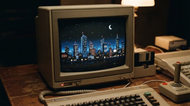 Vintage home computer setup with pixel art cityscape on monitor