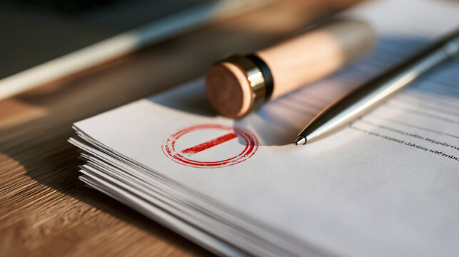 Close up of a red denied stamp mark on a stack of legal papers on a pale wooden desk beside a pen top down framing bright even daylight sharp paper texture denied stamp legal