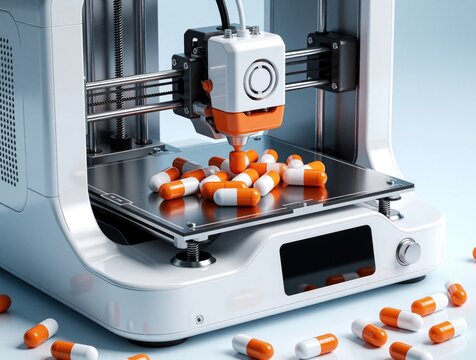 3D printer makes orange and white pills. Future of medicine creation with personalized dosages. Advanced tech builds custom pills for better health outcomes.
