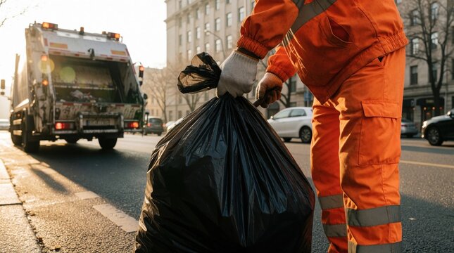 Sanitation worker in orange uniform holds large black rubbish bag on city street. Garbage truck drives in background during sunny morning. Man performs waste collection service for urban cleanliness,