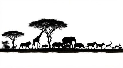 Fototapeta premium African safari animals silhouette panorama with trees