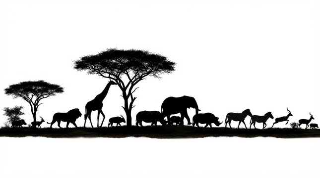 African safari animals silhouette panorama with trees