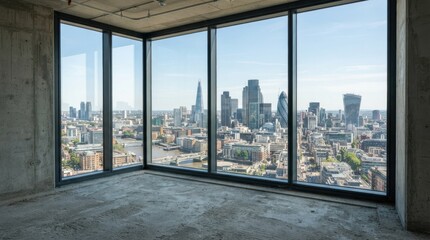 Obraz premium Unfinished modern interior with panoramic city view from large windows