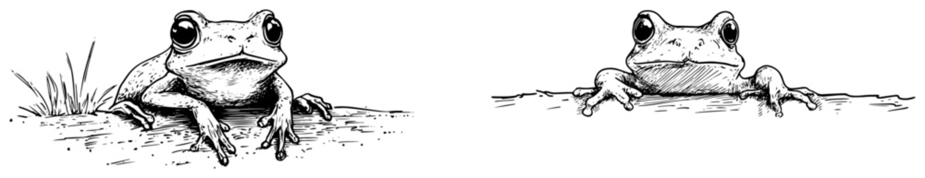 Curious frogs peeking over the ground edge in realistic hand drawn engraving style
