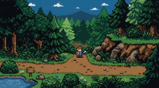 Pixel art fantasy RPG landscape with adventurer on forest path