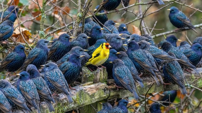 A goldfinch standing out among a flock of starlings