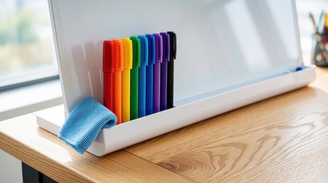 White magnetic desktop whiteboard with colorful markers, blue cleaning cloth on wooden office desk. Small board stands on table with bright pens for writing, planning, brainstorming. Minimalist