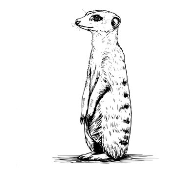Meerkat standing upright on alert in vintage woodcut engraving style