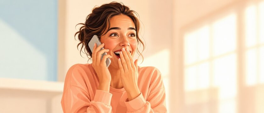 Woman reacts with delighted shock while talking on her mobile phone