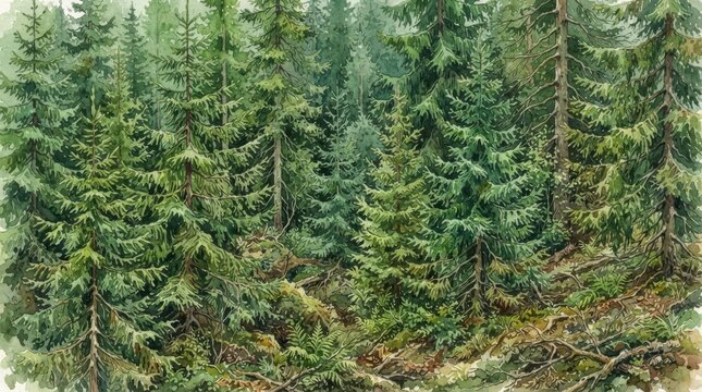 Watercolor painting of dense pine forest woodland landscape