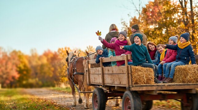 Happy children enjoying a hayride in a colorful autumn landscape  
