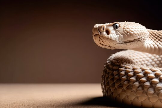 A coiled, light-colored rattlesnake poses against a neutral backdrop, showcasing its distinctive scales and intriguing head shape in a captivating close-up