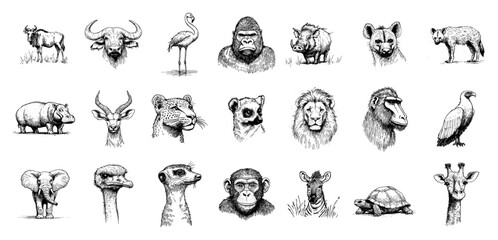 Obraz premium African wildlife animal collection with lion elephant gorilla and giraffe in hand drawn doodle style