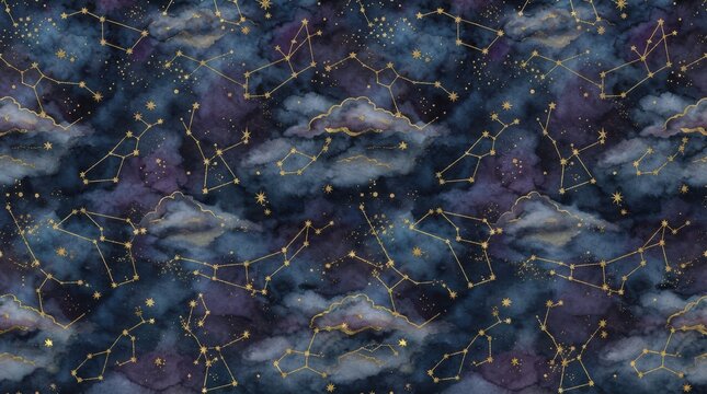 Seamless pattern with constellations, stars, and watercolor clouds in night sky