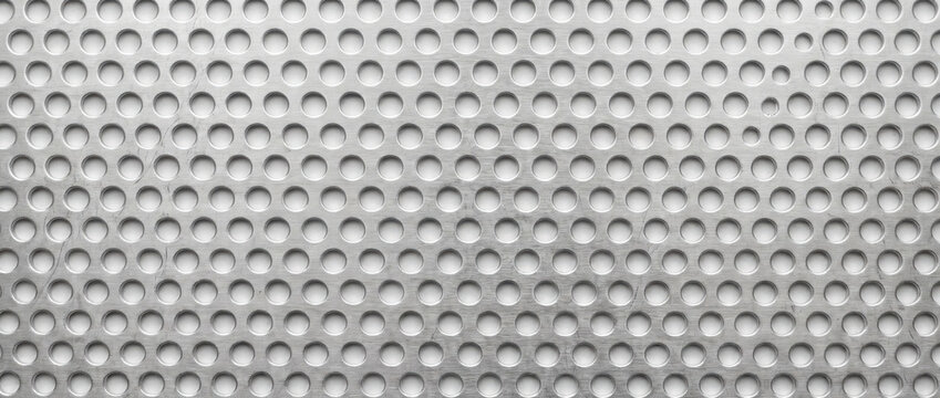 Perforated aluminum sheet metal texture background. Silver steel industrial grid