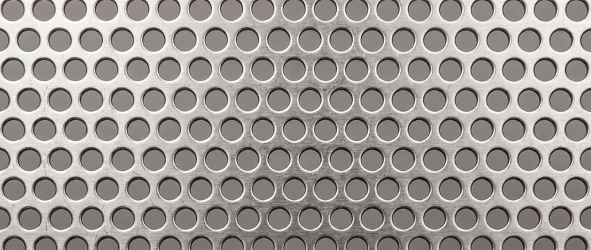 Perforated metal sheet with round holes. Close-up texture of industrial silver steel plate. Geometric pattern backdrop