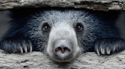 Fototapeta premium A captivating close-up of a sloth bear peeking out from a log, its expressive eyes and distinctive muzzle showcasing the beauty of this wild mammal