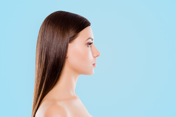 Wellbeing wellness beauty health concept. Side view profile portrait with copy space of charming pretty girl with fresh hair and skin isolated on white background © deagreez