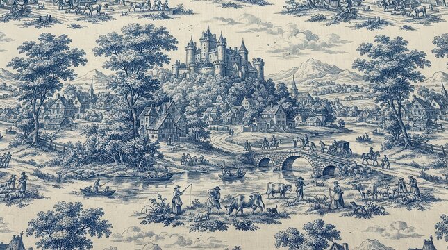 Traditional blue and white toile de jouy pattern with castle and countryside landscape