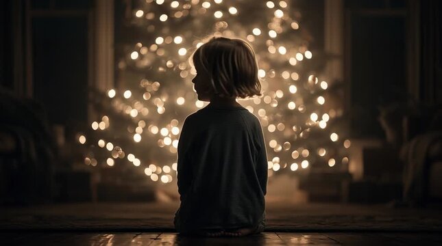 Christmas scene viewed from behind a small child gazing in wonder at sparkling ornaments on a huge glowing tree, with warm Christmas lights illuminating a cozy dark room.