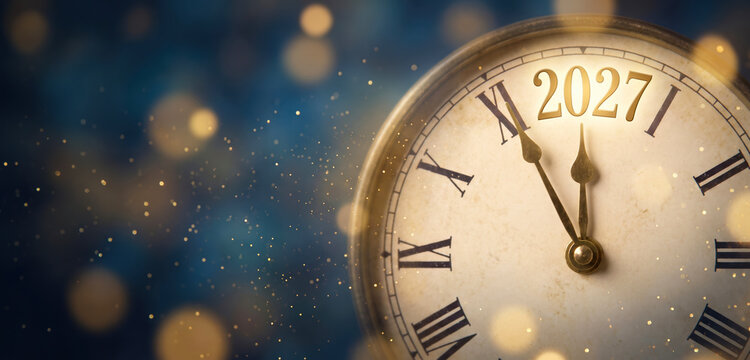 Clock shows the time as 2021 in a festive setting with scattered lights. This scene represents celebration marking the start of a new year