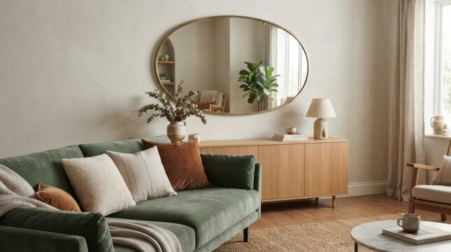Modern cozy living room interior with green sofa and oval mirror