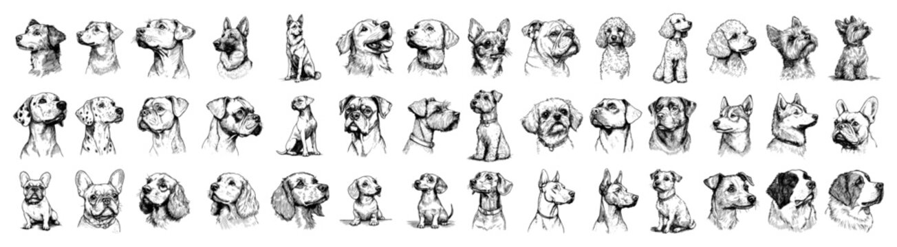 Dog breeds portraits collection showing various canine head profiles in vintage sketch style