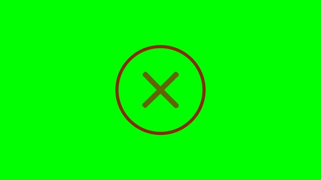 Animated brown cross mark icon appearing on a bright green chroma key screen background