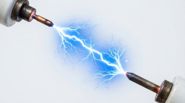 Electric discharge between two metal electrodes creating blue sparks