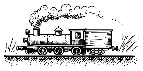 Obraz premium Vintage steam locomotive train engine on tracks in hand drawn doodle style