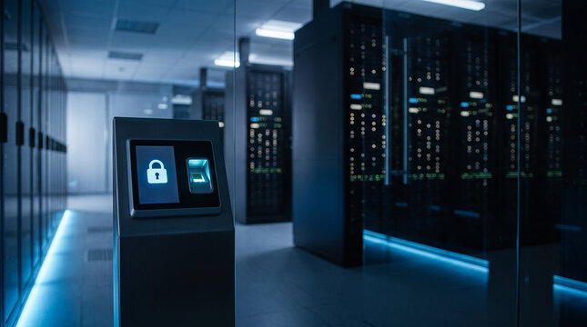 Fingerprint scanner biometric security device in modern server room data center facility with glowing blue LED lights on rack cabinets