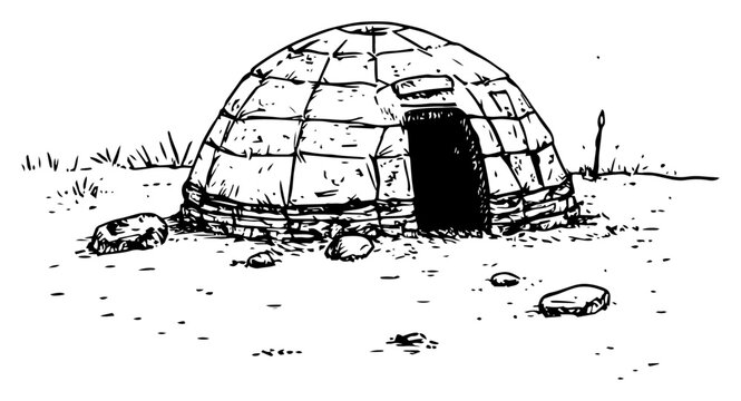 Inuit igloo ice hut in snowy landscape in vintage engraving sketch style