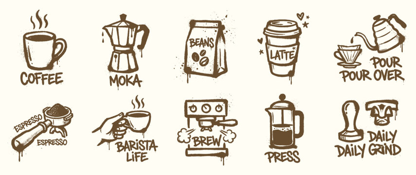 Coffee shop brewing graffiti spray paint doodles vector illustration