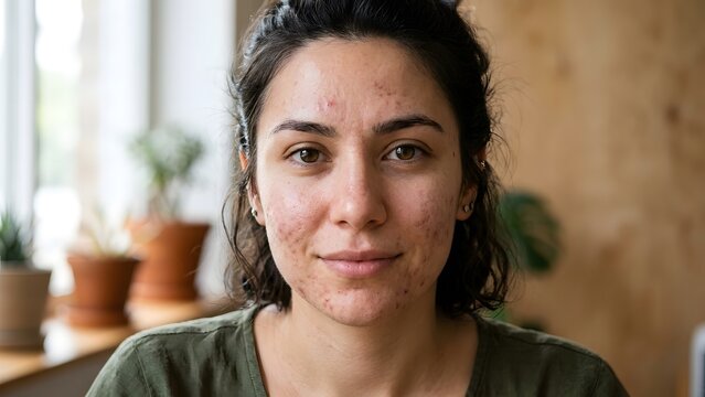 Young woman with acne scars and blemishes looking directly at the camera with a gentle smile