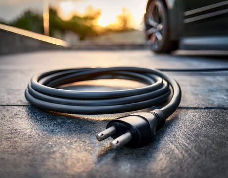 close up of an electric vehicle charging cable on a concrete floor high fidelity digital photography suitable for eco friendly business promotions sustainability campaigns and automotive industry
