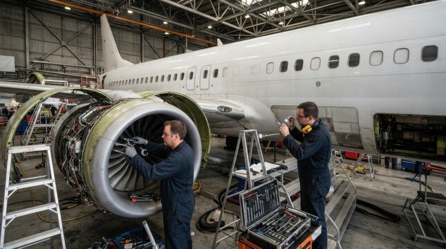 Aircraft mechanics repairing airplane engine in hangar