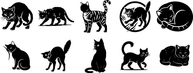 Fototapeta premium Collection of black cat silhouettes with various poses and expressions