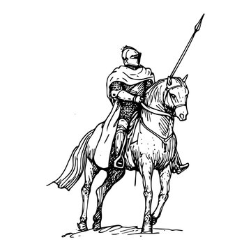 Medieval knight riding horse with spear in vintage engraving style