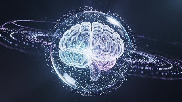 Digital Human Brain with Glowing Particles and Orbit Rings in Sphere Futuristic Technology Animation