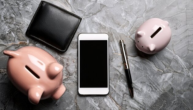 smartphone marble piggy bank wallet and pen arranged on a stone surface premium flat lay photography suitable for finance technology and lifestyle design projects