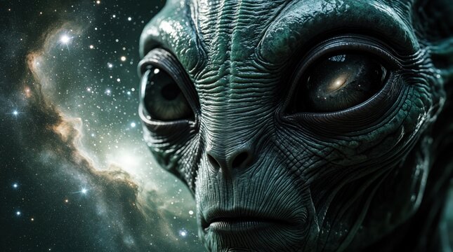 Close up of a green alien face with large eyes reflecting a galaxy. This creature is from outer space with a textured skin against a star filled cosmic background.
