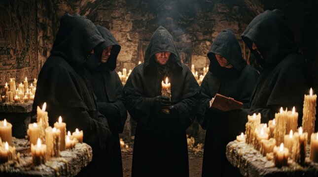 Group of hooded monks in dark robes performing ritual with candles in medieval stone crypt