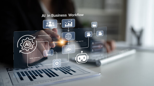 Modern business workflow integrates AI technology for enhanced data analysis and efficiency, showcasing futuristic automation concepts and digital communication tools. Nascent