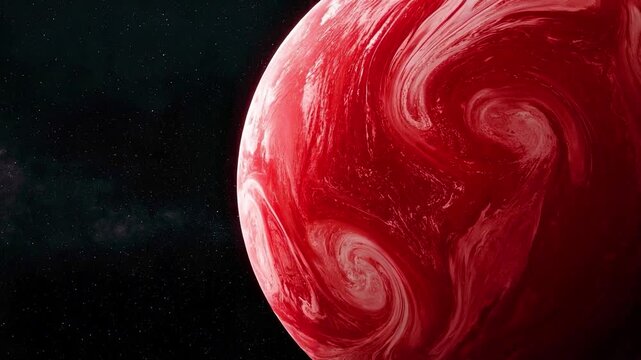 4K Video of a vivid red and pink gas giant with swirling cloud patterns and a luminous atmospheric glow in outer space.