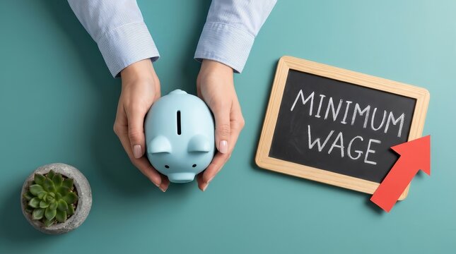 Minimum wage growth concept with an upward red arrow on a blackboard and a piggy bank.