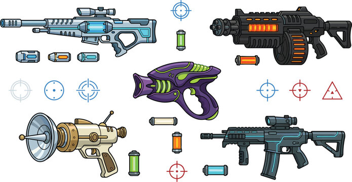 Sci-Fi Weapon and Laser Gun Vector Icon Set with Futuristic Rifles, Blasters, Ammo Cells, and Target Crosshairs for Game UI Design Elements